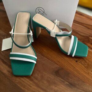 The Drop Avery Square Toe Two Strap High Heeled Sandal - Ultramarine Green - 8.5